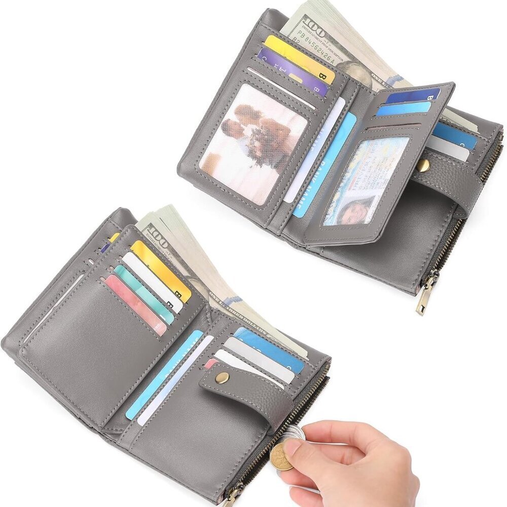 Leather RFID Blocking Wallet Women Small Bifold Coin Purse with Wristlet - Picture 6 of 8